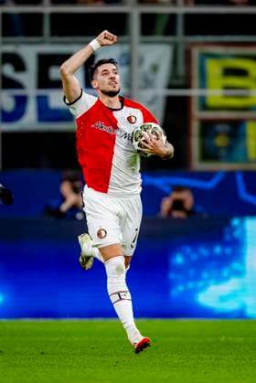Feyenoord Rotterdam midfielder Jacub Moder scores the 1-1 and celebrating the goal during the match Inter - Feyenoord at the San Siro Stadium for the UEFA Champions League - Round of 16 - 2st leg season 2024-2025 in MILAN, Italia on 11 march 2025, (photo by Marcel van Dorst EYE4images DeFodi Images)