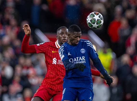 Football - UEFA Champions League - Round of 16 2nd Leg - Liverpool FC v Paris Saint-Germain FC LIVERPOOL, ENGLAND - Tuesday, March 11, 2025: Paris Saint-Germain s Ousmane DembÃ lÃ (R) challenges for a header with Liverpool s Ibrahima KonatÃ during the UEFA Champions League Round of 16 2nd Leg match between Liverpool FC and Paris Saint-Germain FC at Anfield. (Photo by David Rawcliffe Propaganda) LIVERPOOL Anfield MERSEYSIDE ENGLAND  Copyright: xDavidxRawcliffex P2025-03-11-Liverpool_PSG-63