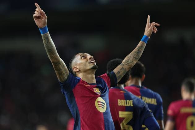 March 11, 2025, Barcelona, Barcelona, SPAIN: Raphinha of FC Barcelona, Barca celebrates a goal during the UEFA Champions League 2024 25 Round of 16 second leg, match between FC Barcelona and SL Benfica at Estadi Olimpic Lluis Companys March 11, 2025 in Barcelona, Spain. Barcelona SPAIN - ZUMAa181 20250311_zaa_a181_198 Copyright: xIrinaxR.Hx