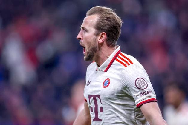 11.03.2025, Fußball, UEFA Champions League, Bayer 04 Leverkusen - FC Bayern München, Achtelfinale Rückspiel, BayArena, Saison 2024 2025: Torjubel nach dem 1:0 durch Torschütze Harry Kane (FC Bayern 9) DFB regulations prohibit any use of photographs as image sequences and or quasi-video. Nordrhein-Westfalen Deutschland