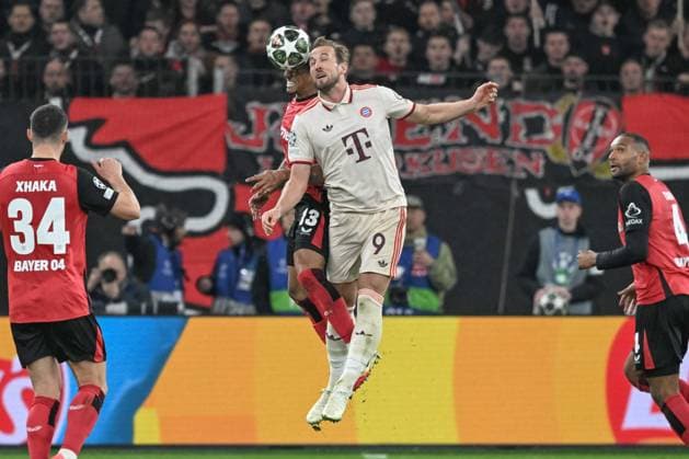 11.03.2025, xsltx, Fussball UEFA Champions League, Bayer 04 Leverkusen - Bayern München v.l. Arthur (Leverkusen, 13), Harry Kane (Muenchen, 9) Zweikampf, Duell, Kampf, tackle (DFL DFB REGULATIONS PROHIBIT ANY USE OF PHOTOGRAPHS as IMAGE SEQUENCES and or QUASI-VIDEO) Leverkusen