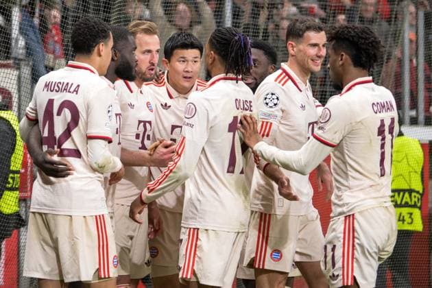 Fußball, UEFA Championsleague, 20250311, Bayer 04 Leverkusen - FC Bayern München. Im Bild Bayern Torjubel bejubelt Jubel Tor 0:1. Leverkusen BayArena Nordrhein-Westfalen Deutschland Copyright: Passion2Press MarkusxFischerx