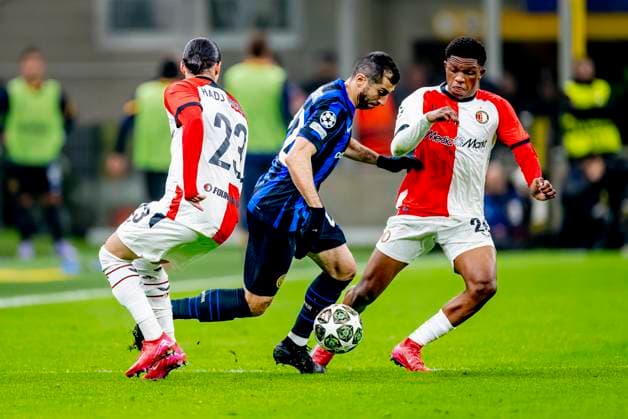 Feyenoord Rotterdam forwarder Anis Hadj Moussa, FC Internazionale Milan defender Henrikh Mkhitaryan, Feyenoord Rotterdam midfielder Givairo Read during the match Inter - Feyenoord at the San Siro Stadium for the UEFA Champions League - Round of 16 - 2st leg season 2024-2025 in MILAN, Italia on 11 march 2025, (photo by Marcel van Dorst EYE4images DeFodi Images)