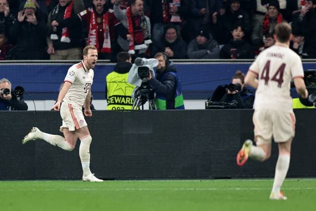 Harry Kane (FC Bayern München) freut sich über seinTor zum 0:1 beim Achtelfinal-Rückspiel der UEFA Champions League (Saison 2024 25) Bayer Leverkusen - FC Bayern München Copyright: Thomas Pakusch