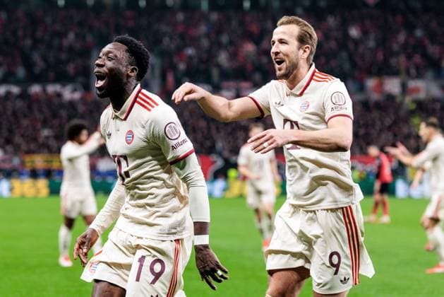 UEFA Champions League, Bayer 04 Leverkusen - FC Bayern München; 11.03.2025 Jubel zum 0:2 durch Alphonso Davies (FC Bayern München, 19) Harry Kane (FC Bayern München, 9) UEFA Champions League Achtelfinale Rückspiel, Bayer 04 Leverkusen - FC Bayern München; Leverkusen, BayArena am 11.03.2025 Copyright: xBEAUTIFULxSPORTS Wunderlx