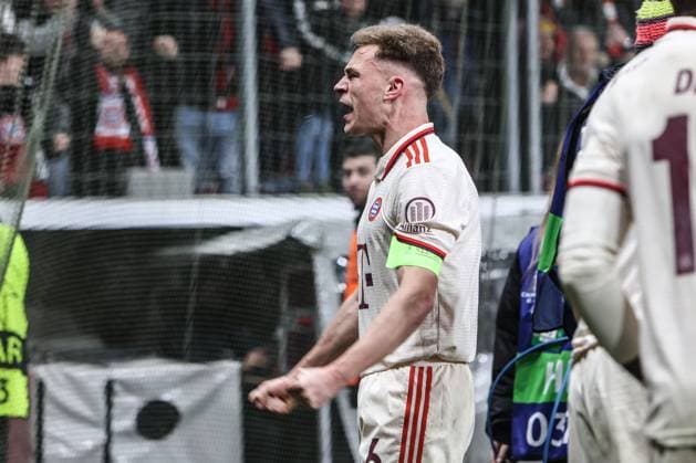 Fussball, UEFA Champions League Saison 2024 2025 Achtelfinale Rückspiel Bayer 04 Leverkusen - FC Bayern München 11.03.2025, BayArena Joshua Kimmich (FC Bayern München, 6) freut sich nach dem Tor zum 2-0 Leverkusen BayArena Nordrhein-Westfahlen Deutschland