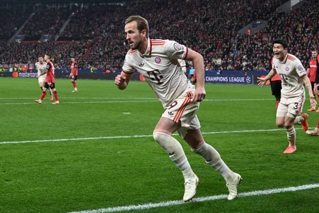 11.03.2025, xsltx, Fussball UEFA Champions League, Bayer 04 Leverkusen - Bayern München v.l. Jubel nach dem 0:1 durch Harry Kane (Muenchen, 9) (DFL DFB REGULATIONS PROHIBIT ANY USE OF PHOTOGRAPHS as IMAGE SEQUENCES and or QUASI-VIDEO) Leverkusen