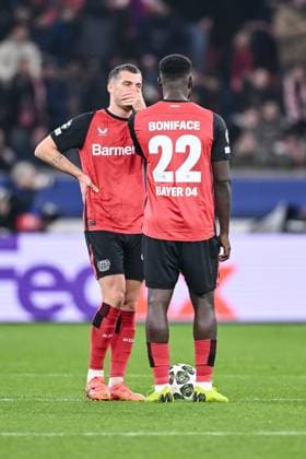 Leverkusen, Germany, 11.03.2025: Granit Xhaka (Bayer 04 Leverkusen) und Victor Boniface (Bayer 04 Leverkusen) look dejected during the UEFA Champions League 2024 25 Round of 16 Second Leg match between Bayer 04 Leverkusen and FC Bayern München at BayArena on March 11, 2025 in Leverkusen, Germany. (Photo by Harry Langer DeFodi Images)