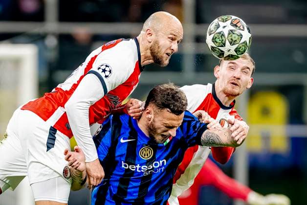 Feyenoord Rotterdam defender Gernot Traner, FC Internazionale Milan forwarder Marko Arnautovic, Feyenoord Rotterdam defender Thomas Beelen during the match Inter - Feyenoord at the San Siro Stadium for the UEFA Champions League - Round of 16 - 2st leg season 2024-2025 in MILAN, Italia on 11 march 2025, (photo by Marcel van Dorst EYE4images DeFodi Images)