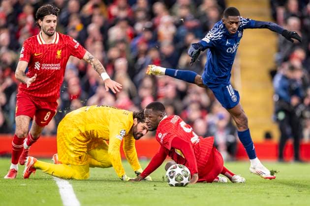 Liverpool FC v Paris Saint-Germain - UEFA Champions League 2024 25 Round of 16 Second Leg Ousmane DembÃ lÃ of Paris Saint-Germain scores during the UEFA Champions League football match between Liverpool and Paris Saint-Germain at Anfield, Liverpool England Liverpool  Copyright: xRichardxCallis SPPx