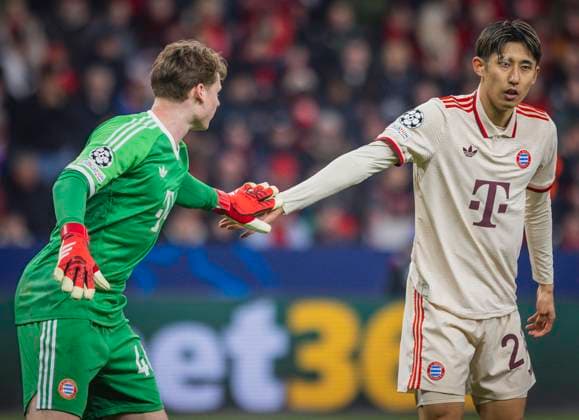 Leverkusen, Germany. 11th Mar 2025. Jonas Urbig (FCB) Hiroki Ito (FCB) Bayer Leverkusen - FC Bayern München 11.03.2025
