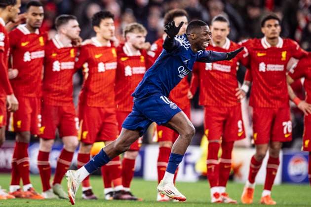 Liverpool FC v Paris Saint-Germain - UEFA Champions League 2024 25 Round of 16 Second Leg Reaction after PSG win the penalty competition in the UEFA Champions League football match between Liverpool and Paris Saint-Germain at Anfield, Liverpool England Liverpool  Copyright: xRichardxCallis SPPx