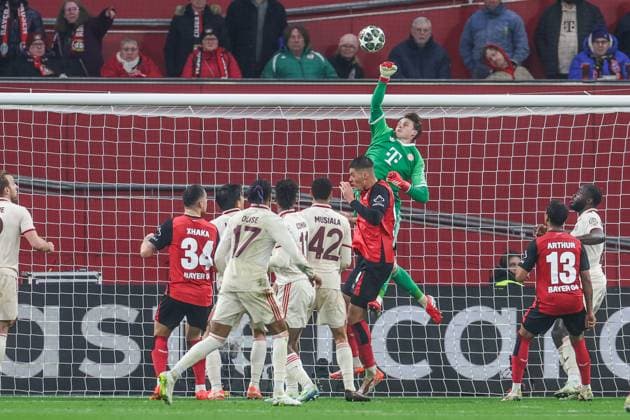 11.03.2025, Fussball, Saison 2024 2025, Champions League, Achtelfinale, Bayer Leverkusen - FC Bayern München, Jonas Urbig (FC Bayern München) Leverkusen BayArena NRW Deutschland xRHR-FOTO TRx Copyright: TimxRehbein RHR-FOTOx RHR-FOTO TR