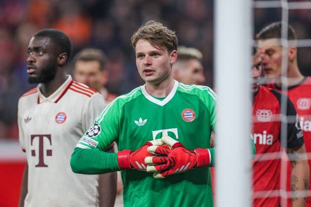 11.03.2025, Fussball, Saison 2024 2025, Champions League, Achtelfinale, Bayer Leverkusen - FC Bayern München, Jonas Urbig (FC Bayern München) Leverkusen BayArena NRW Deutschland xRHR-FOTO TRx Copyright: TimxRehbein RHR-FOTOx RHR-FOTO TR