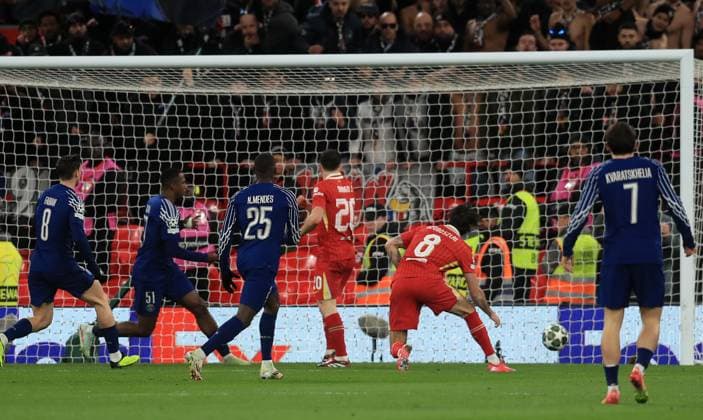 11th March 2025; Anfield, Liverpool, Merseyside, England; Champions League Last 16, Second Leg Football, Liverpool versus Paris Saint Germain; Dominik Szoboszlai of Liverpool puts the ball in the PSG net but sees his effort ruled out for offside  ActionPlus12759234 DavidxBlunsden