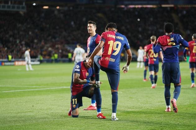 (L-r) Raphinha, Lamine Yamal (Barcelona), MARCH 11, 2025 - Football Soccer : Raphinha and Yamal celebrate after Yamal s goal during UEFA Champions League Round of 16 2nd leg match between FC Barcelona, Barca 3-1 SL Benfica at the Estadi Olimpic Lluis Companys in Barcelona, Spain. Noxthirdxpartyxsales  (284505977)