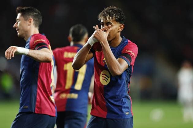 Lamine Yamal (Barcelona), MARCH 11, 2025 - Football Soccer : Yamal celebrate after his goal during UEFA Champions League Round of 16 2nd leg match between FC Barcelona, Barca 3-1 SL Benfica at the Estadi Olimpic Lluis Companys in Barcelona, Spain. Noxthirdxpartyxsales  (284505992)
