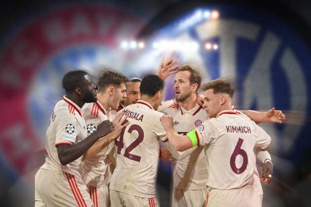 FOTOMONTAGE:Im Champions League Viertelfinale trifft der FC Bayern Muenchen am 9.April auf Inter Mailand. ARCHIVFOTO:Kollektiver Torjubel um Harry KANE (Bayern Muenchen)Jubel,Freude,Begeisterung,Aktion, Fussball Champions League.