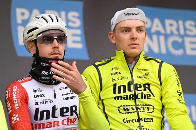 Paris - Nice 2025 - stage 4 LA LOGE DES GARDES, FRANCE - MARCH 12 : Smith Dion (NZL) of Intermarche - Wanty, Zimmermann Georg (GER) of Intermarche - Wanty during stage 4 of the 83th edition of the Paris - Nice cycling race, a stage of 163,4km with start in Vichy and finish in La Loge Des Gardes on March 12, 2025 in La Loge Des Gardes, France, 12 03 2025 ( Motordriver Kenny Verfaillie - La Loge Des Gardes France  Copyright: xNicoxVereeckenx