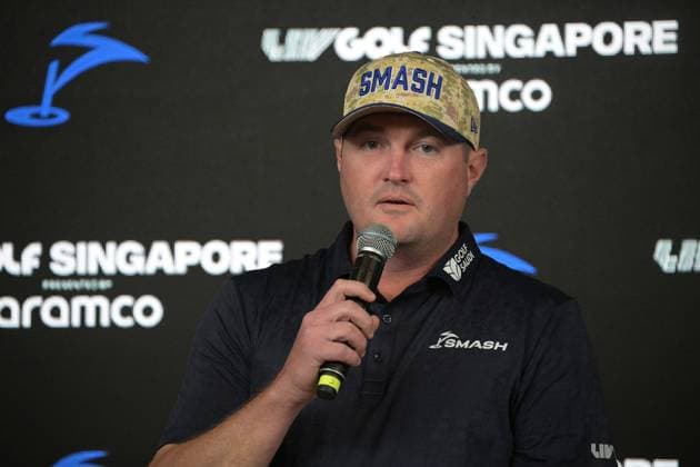 (250312) -- SINGAPORE, March 12, 2025 -- Smash s Jason Kokrak of The United States attends the pre-competition press conference, PK, Pressekonferenz of LIV Golf Singapore held at Sentosa Golf Club in Singapore on March 12, 2025. (Photo by Then Chih Wey Xinhua) (SP)SINGAPORE-GOLF-LIV GOLF-PRESS CONFERENCE XinxJiapo 