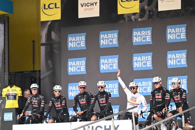 Paris - Nice 2025 - stage 4 LA LOGE DES GARDES, FRANCE - MARCH 12 : Narvaez Jhonatan (ECU) of Uae Team Emirates - Xrg and teammates during stage 4 of the 83th edition of the Paris - Nice cycling race, a stage of 163,4km with start in Vichy and finish in La Loge Des Gardes on March 12, 2025 in La Loge Des Gardes, France, 12 03 2025 ( Motordriver Kenny Verfaillie - La Loge Des Gardes France  Copyright: xNicoxVereeckenx