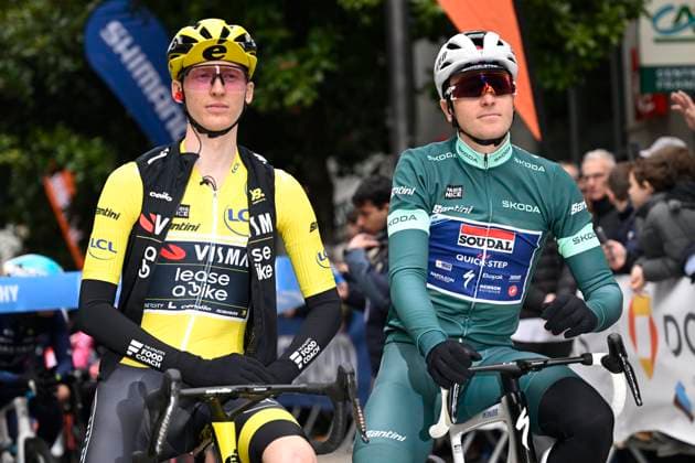Paris - Nice 2025 - stage 4 LA LOGE DES GARDES, FRANCE - MARCH 12 : Jorgenson Matteo (USA) of Team Visma Lease A Bike and Merlier Tim (BEL) of Soudal Quick-Step during stage 4 of the 83th edition of the Paris - Nice cycling race, a stage of 163,4km with start in Vichy and finish in La Loge Des Gardes on March 12, 2025 in La Loge Des Gardes, France, 12 03 2025 ( Motordriver Kenny Verfaillie - La Loge Des Gardes France  Copyright: xNicoxVereeckenx
