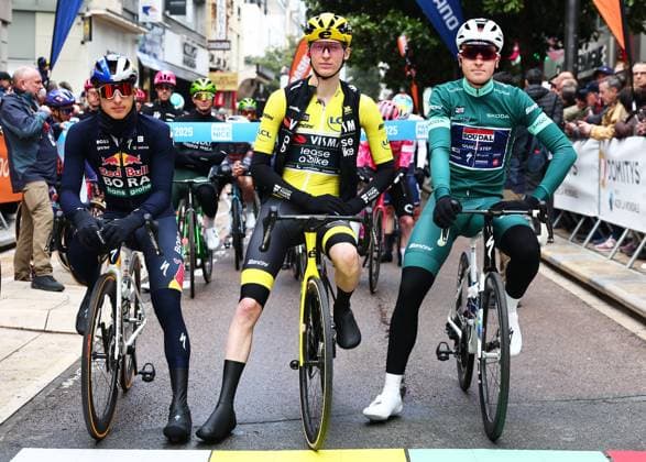 German Florian Lipowitz of RedBull-BORA-hansgrohe, American Matteo Jorgenson of Team Visma-Lease a Bike and Belgian Tim Merlier of Soudal Quick-Step pictured at the start of stage four of the 83th edition of the Paris-Nice cycling race, 163,4km from Vichy to La Loge des Gardes, France, Wednesday 12 March 2025. DAVIDxPINTENS  x114746749x