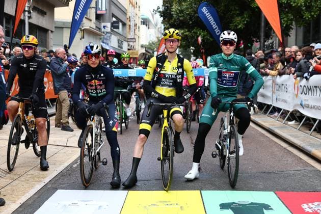 German Florian Lipowitz of RedBull-BORA-hansgrohe, American Matteo Jorgenson of Team Visma-Lease a Bike and Belgian Tim Merlier of Soudal Quick-Step pictured at the start of stage four of the 83th edition of the Paris-Nice cycling race, 163,4km from Vichy to La Loge des Gardes, France, Wednesday 12 March 2025. DAVIDxPINTENS  x114746763x