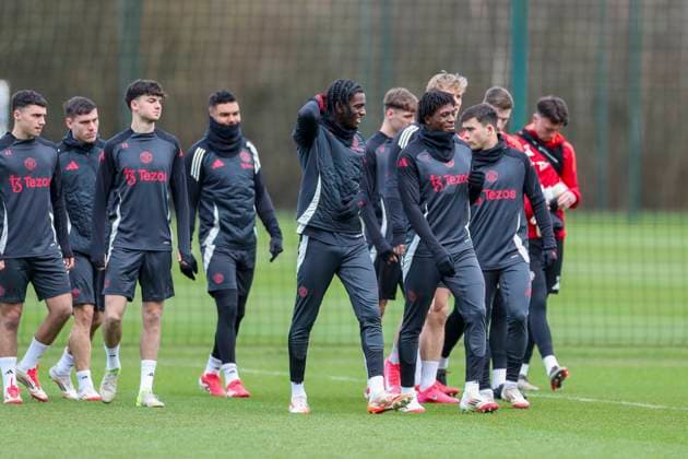 Manchester United, ManU Training Manchester United defender Patrick Dorgu (13) and Manchester United defender Ayden Heaven (26) during the Manchester United Training session ahead of the UEFA Europa League Round of 16, 2nd Leg match vs Real Sociedad, Carrington Training Centre, Manchester, England, United Kingdom on 12 March 2025 Credit: Phil Duncan Every Second Media Editorial use only. All images are copyright Every Second Media Limited. No images may be reproduced without prior permission. Copyright: xIMAGO EveryxSecondxMediax ESM-1364-0012 PhilxDuncanx xEveryxSecondxMediax