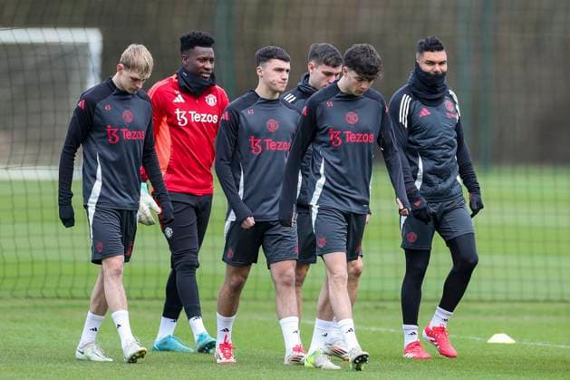Manchester United, ManU Training Manchester United midfielder Toby Collyer (43) Manchester United goalkeeper AndrÃ Onana (24) Manchester United midfielder James Scanlon (63) Manchester United midfielder Manuel Ugarte (25) Manchester United defender Tyler Fredricson (55) Manchester United midfielder Casemiro (18) during the Manchester United Training session ahead of the UEFA Europa League Round of 16, 2nd Leg match vs Real Sociedad, Carrington Training Centre, Manchester, England, United Kingdom on 12 March 2025 Credit: Phil Duncan Every Second Media Editorial use only. All images are copyright Every Second Media Limited. No images may be reproduced without prior permission. Copyright: xIMAGO EveryxSecondxMediax ESM-1364-0013 PhilxDuncanx xEveryxSecondxMediax
