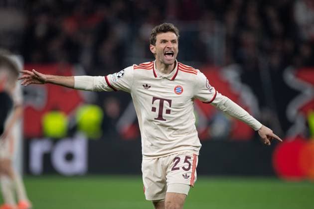 Thomas MUELLER (Müller, M) Fussball UEFA Champions League Achtelfinale FC Bayern Muenchen - Bayer 04 Leverkusen (LEV) - FC Bayern Muenchen (M) 0-2 am 11.03.2025 , B A Y A R E N A Leverkusen. Â