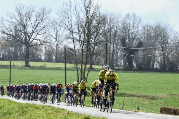 The pack of riders pictured in action during stage four of the 83th edition of the Paris-Nice cycling race, 163,4km from Vichy to La Loge des Gardes, France, Wednesday 12 March 2025. DAVIDxPINTENS  x114757522x