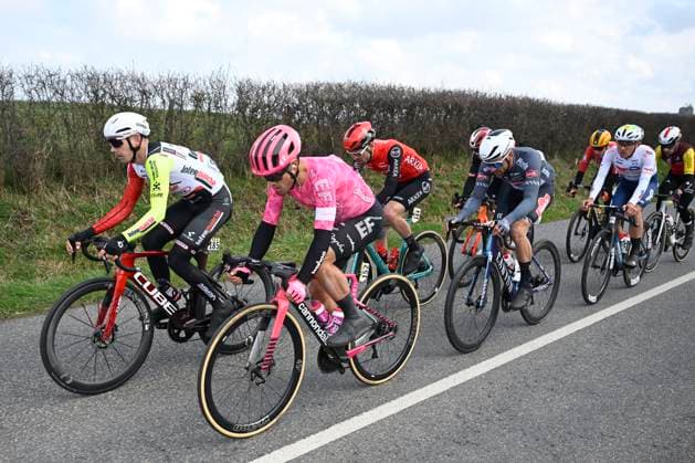 Paris - Nice 2025 - stage 4 LA LOGE DES GARDES, FRANCE - MARCH 12 : Smith Dion (NZL) of Intermarche - Wanty, Albanese Vincenzo (ITA) of Ef Education - Easypost, Guernalec Thibault (FRA) of Arkea - B&B Hotels, Planckaert Edward (BEL) of Alpecin - Deceuninck during stage 4 of the 83th edition of the Paris - Nice cycling race, a stage of 163,4km with start in Vichy and finish in La Loge Des Gardes on March 12, 2025 in La Loge Des Gardes, France, 12 03 2025 ( Motordriver Kenny Verfaillie - La Loge Des Gardes France  Copyright: xNicoxVereeckenx