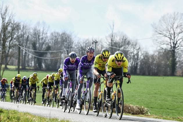 The pack of riders pictured in action during stage four of the 83th edition of the Paris-Nice cycling race, 163,4km from Vichy to La Loge des Gardes, France, Wednesday 12 March 2025. DAVIDxPINTENS  x114757603x