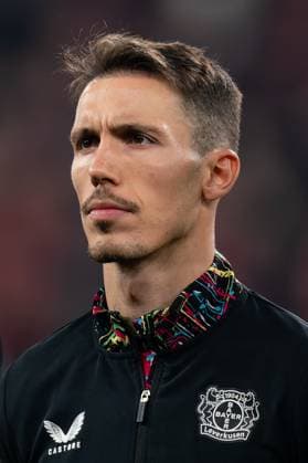 2025-03-11 Bayer 04 Leverkusen v FC Bayern Munchen - UEFA Champions League 2024 25 Round of 16 Second Leg LEVERKUSEN, GERMANY - MARCH 11: Alejandro Grimaldo of Bayer 04 Leverkusen during the UEFA Champions League 2024 25 Round of 16 Second Leg match between Bayer 04 Leverkusen and FC Bayern Munchen at BayArena on March 11, 2025 in Leverkusen, Germany. Leverkusen BayArena Germany Content not available for redistribution in The Netherlands directly or indirectly through any third parties. Copyright: xJorisxVerwijstx