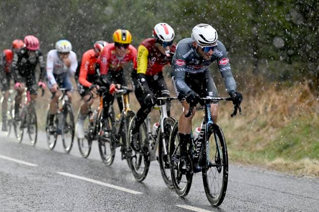 Paris - Nice 2025 - stage 4 LA LOGE DES GARDES, FRANCE - MARCH 12 : Planckaert Edward (BEL) of Alpecin - Deceuninck, Moniquet Sylvain (BEL) of Cofidis leading the escape pack and riding in hail during stage 4 of the 83th edition of the Paris - Nice cycling race, a stage of 163,4km with start in Vichy and finish in La Loge Des Gardes on March 12, 2025 in La Loge Des Gardes, France, 12 03 2025 ( Motordriver Kenny Verfaillie - La Loge Des Gardes France  Copyright: xNicoxVereeckenx