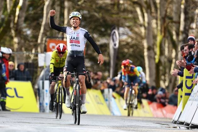 Portuguese Joao Almeida of UAE Team Emirates wins ahead of Danish Jonas Vingegaard Hansen of Team Visma-Lease a Bike in stage four of the 83th edition of the Paris-Nice cycling race, 163,4km from Vichy to La Loge des Gardes, France, Wednesday 12 March 2025. DAVIDxPINTENS  x114780606x