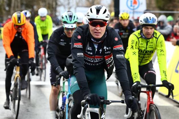 Belgian Tim Merlier of Soudal Quick-Step crosses the finish line of stage four of the 83th edition of the Paris-Nice cycling race, 163,4km from Vichy to La Loge des Gardes, France, Wednesday 12 March 2025. DAVIDxPINTENS  x114781121x