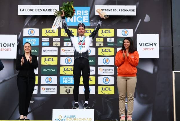 Portuguese Joao Almeida of UAE Team Emirates celebrates on the podium after winning stage four of the 83th edition of the Paris-Nice cycling race, 163,4km from Vichy to La Loge des Gardes, France, Wednesday 12 March 2025. DAVIDxPINTENS  x114781832x