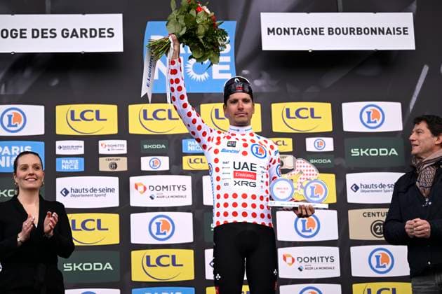 Paris - Nice 2025 - stage 4 LA LOGE DES GARDES, FRANCE - MARCH 12 : Almeida Joao (POR) of Uae Team Emirates - Xrg pictured with the polka dot jersey during the podium ceremony of stage 4 of the 83th edition of the Paris - Nice cycling race, a stage of 163,4km with start in Vichy and finish in La Loge Des Gardes on March 12, 2025 in La Loge Des Gardes, France, 12 03 2025 ( Motordriver Kenny Verfaillie - La Loge Des Gardes France  Copyright: xNicoxVereeckenx