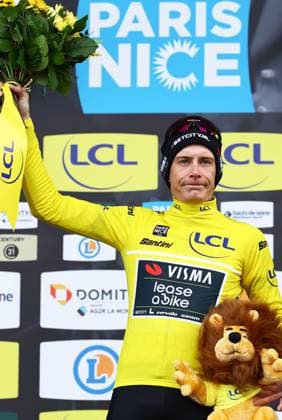 Danish Jonas Vingegaard Hansen of Team Visma-Lease a Bike celebrates on the podium in the yellow jersey of leader in the overall ranking after stage four of the 83th edition of the Paris-Nice cycling race, 163,4km from Vichy to La Loge des Gardes, France, Wednesday 12 March 2025. DAVIDxPINTENS  x114782328x