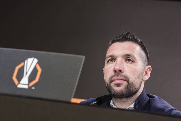 FRANKFURT, 12-03-2025. Deutsche Bank Park. 8th final Europa Leaguefootball, season, 2024 2025. press conference, PK, Pressekonferenz Ajax. Ajax Trainer Francesco Farioli. Press conference Ajax  x28283853x Copyright: