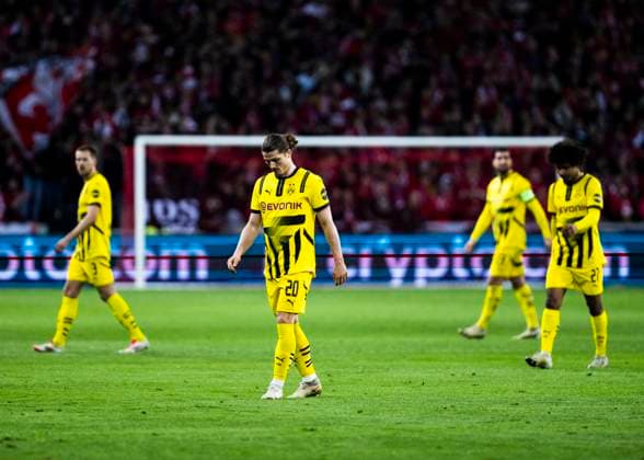 Lille, Stade Pierre Mauroy, 12.03.2025: Marcel Sabitzer of Dortmund (20) looks disappointed after the 0:1 goal during the match of the Championsleague Round 16 between Lille OSC v. Borussia Dortmund.
