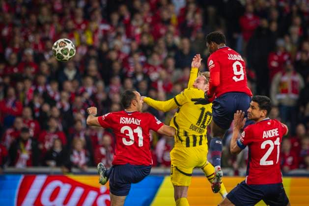 Lille, Germany. 12th Mar 2025. Julian Brandt (BvB) Ismaily (Lille) Jonathan David (Lille) Benjamin Andre (Lille) OSC Lille - Borussia Dortmund 12.03.2025