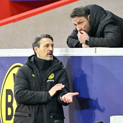 Lille, Stade Pierre Mauroy, 12.03.25, FRA, Herren, UEFA Champions League, Saison 2024-2025, Achtelfinale, OSC Lille - Borussia Dortmund Bild: v.li. Trainer Niko KOVAC (Dortmund) und Co-Trainer Robert KOVAC ((Dortmund) UEFA regulations prohibit any use of photographs as image sequences and or quasi-video. Hauts-de-France Frankreich