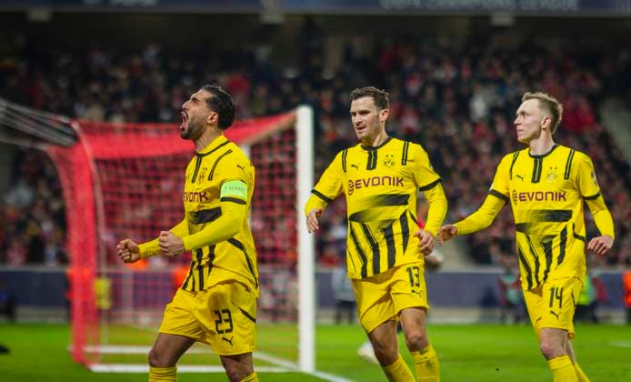 Lille, Germany. 12th Mar 2025. Goal celebration: Emre Can (BvB) Pascal Gross (BvB) Maximilian Beier (BvB) OSC Lille - Borussia Dortmund 12.03.2025
