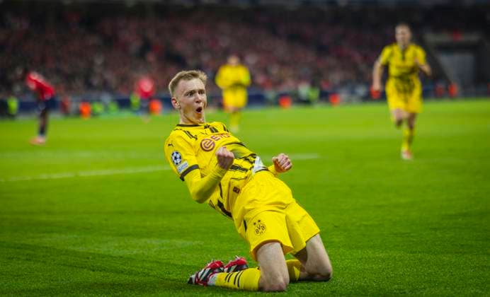 Lille, Germany. 12th Mar 2025. Goal celebration: Maximilian Beier (BvB) OSC Lille - Borussia Dortmund 12.03.2025