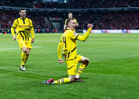 Lille, Stade Pierre Mauroy, 12.03.2025: Maximilian Beier of Dortmund celebrates scoring the 2:1 goal during the match of the Championsleague Round 16 between Lille OSC v. Borussia Dortmund.