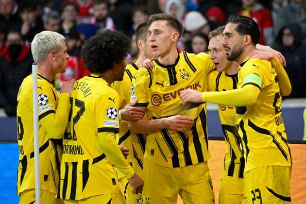 Lille, Stade Pierre Mauroy, 12.03.25, FRA, Herren, UEFA Champions League, Saison 2024-2025, Achtelfinale, OSC Lille - Borussia Dortmund Bild: Maximilian BEIER (Dortmund) jubelt nach seinem Tor zum 1:2 UEFA regulations prohibit any use of photographs as image sequences and or quasi-video. Hauts-de-France Frankreich