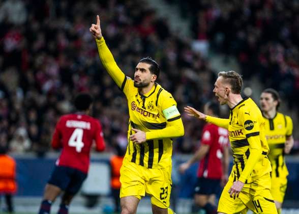 Lille, Stade Pierre Mauroy, 12.03.2025: Emre Can of Dortmund celebrates scoring the 1:1 goal with Maximilian Beier of Dortmund during the match of the Championsleague Round 16 between Lille OSC v. Borussia Dortmund.